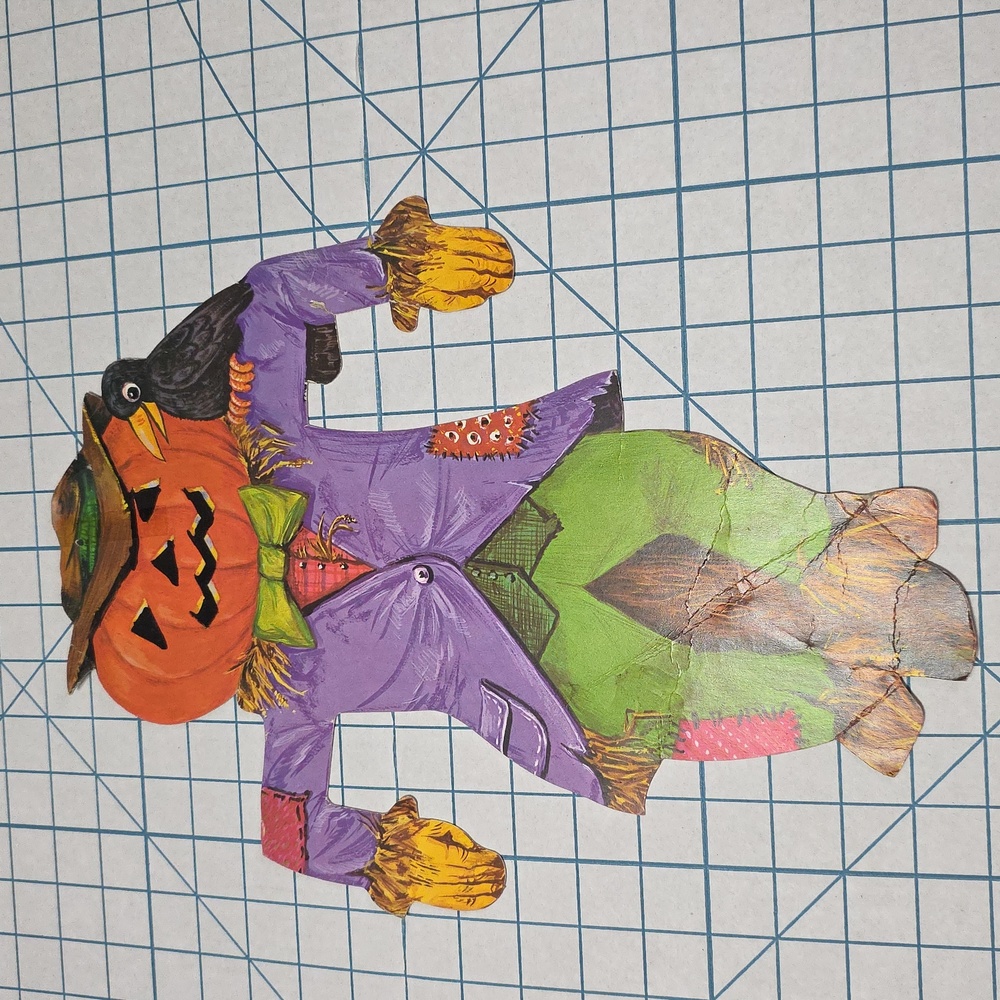 Vintage Halloween Scarecrow Pumpkin And Black Crow Decoration Die Cut Out
